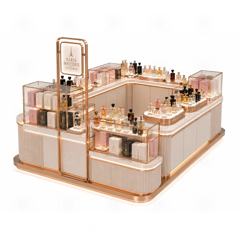 Glass Showcase Mall Perfume Kiosk Design display detail for tempered glass showcases and visible perfume bottle display zones planned for perfume bottles, testers, gift sets, fragrance boxes, and small beauty products, arranged around the visible showcase rhythm of Glass Showcase Mall Perfume Kiosk Design