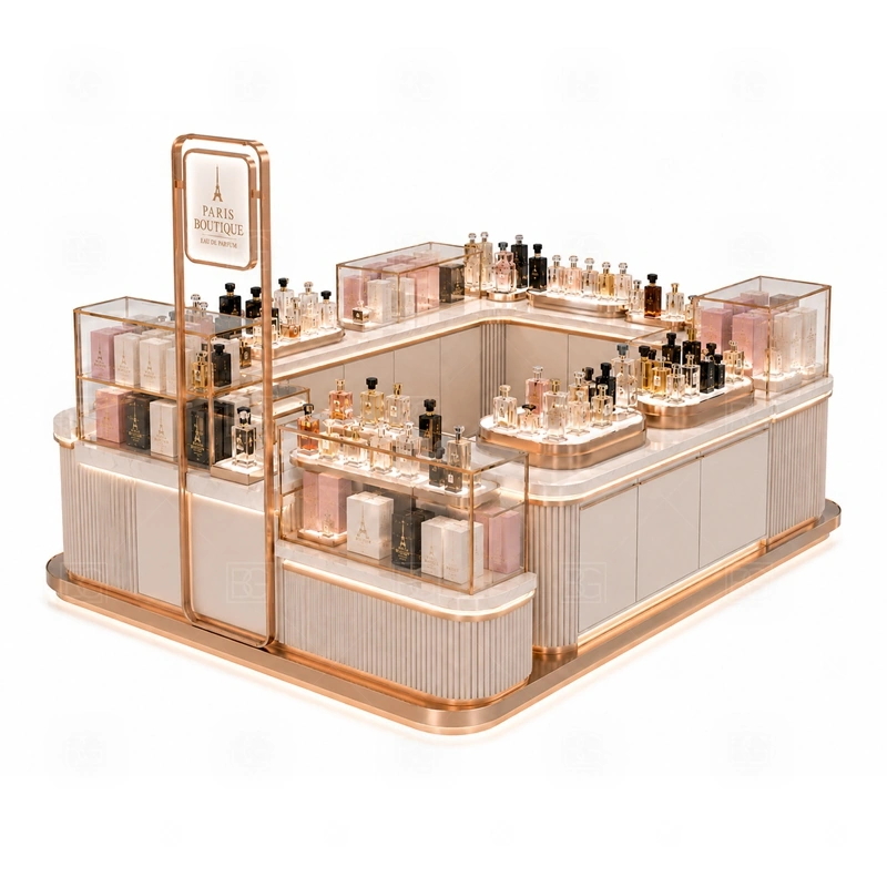 Glass Showcase Mall Perfume Kiosk Design branding detail for custom logo signage and brand color presentation coordinated with fragrance brand color, logo panels, front graphics, and mall visibility needs, tuned to the logo position and visible brand surfaces of Glass Showcase Mall Perfume Kiosk Design
