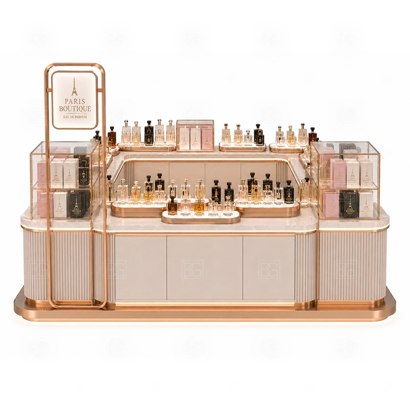 Glass Showcase Mall Perfume Kiosk Design storage detail for lockable drawers, bottle stock cabinets, tester storage, packaging space, and cable access planned for glass showcase mall perfume kiosk design