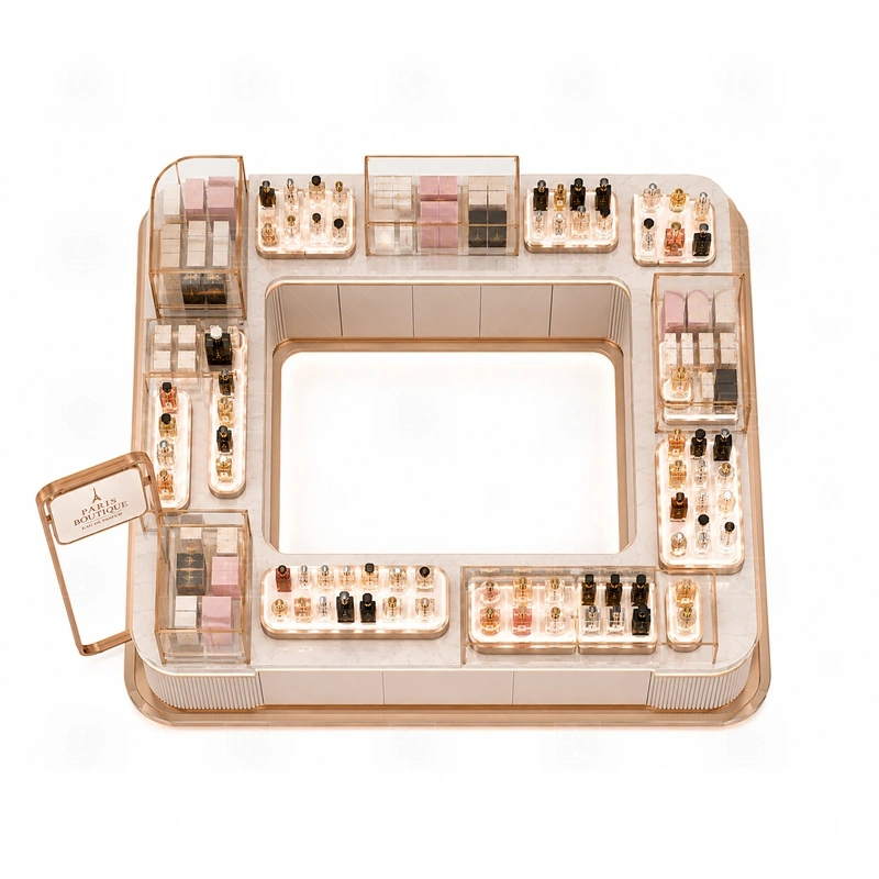 Glass Showcase Mall Perfume Kiosk Design buyer planning detail for Glass Showcase Mall Perfume Kiosk Design target size, bottle display quantity, tester counter size, logo sign dimensions, glass showcase size, lighting color, mall rules, destination country