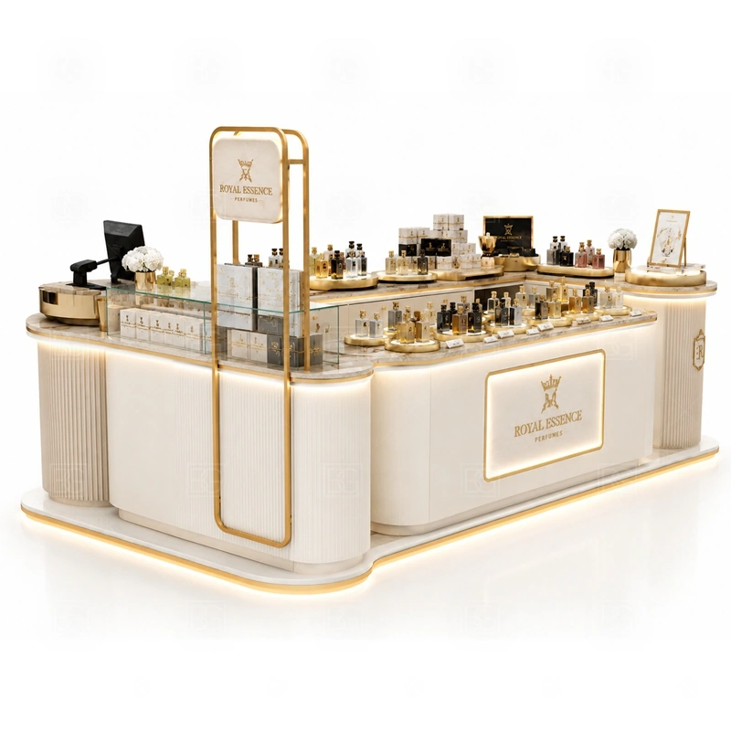 Glass Showcase Perfume Display Counter with Glass Showcase with white gold luxury counter style shown in the glass showcase perfume display counter with glass showcase product photos for fragrance and perfume retail