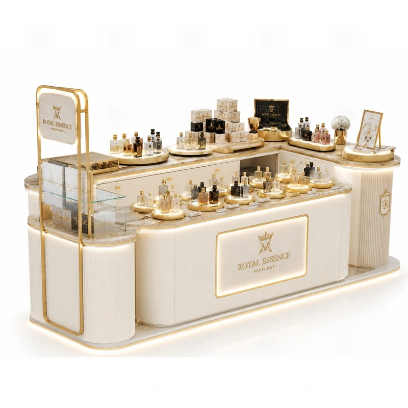 Glass Showcase Perfume Display Counter with Glass Showcase layout showing shopping mall perfume kiosk layout with display counters, storage, and cashier planning shown in the glass showcase perfume display counter with glass showcase product photos, with center-court traffic where customers may approach from more than one direction