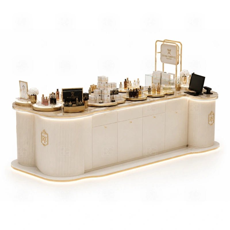 Glass Showcase Perfume Display Counter with Glass Showcase display detail for tempered glass showcases and visible perfume bottle display zones planned for perfume bottles, testers, gift sets, fragrance boxes, and small beauty products, arranged around the visible showcase rhythm of Glass Showcase Perfume Display Counter with Glass Showcase