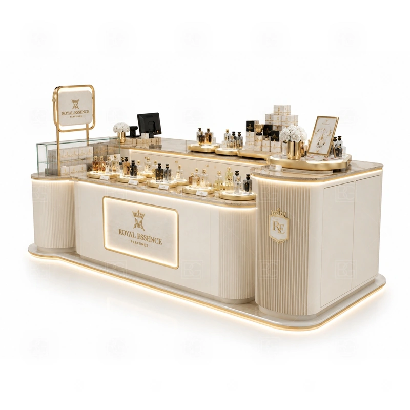 Glass Showcase Perfume Display Counter with Glass Showcase branding detail for tall logo tower and warm LED brand lighting coordinated with fragrance brand color, logo panels, front graphics, and mall visibility needs, tuned to the logo position and visible brand surfaces of Glass Showcase Perfume Display Counter with Glass Showcase