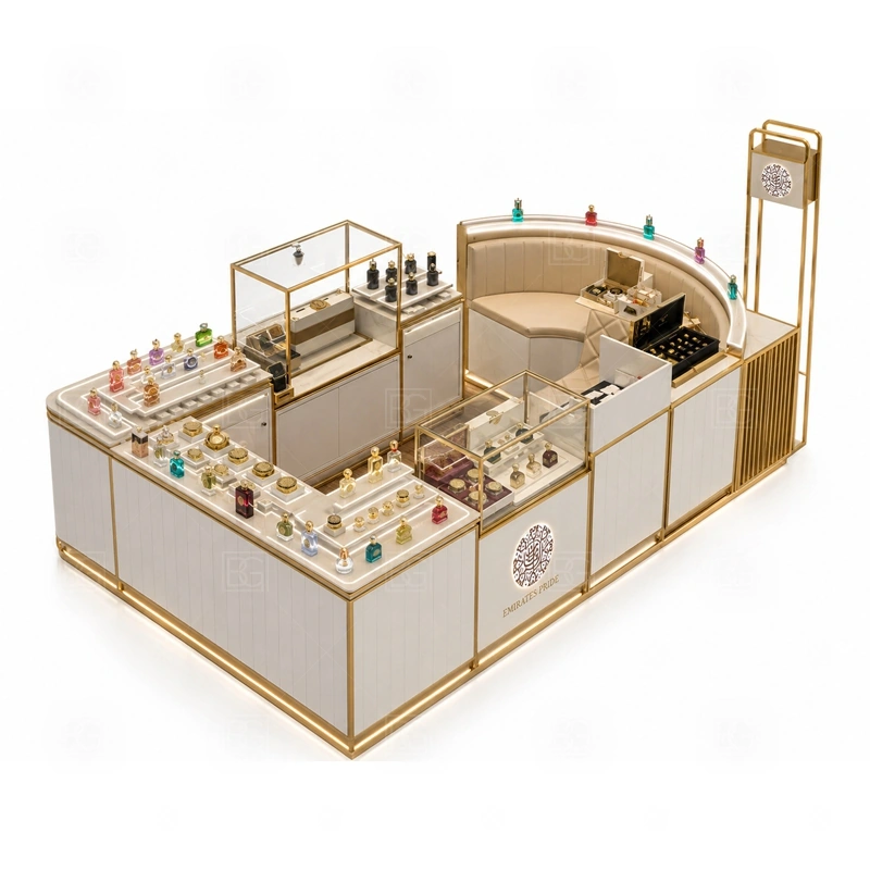Glass Showcase Scent Bar Kiosk and Display Shelves with green brand color and display cabinets shown in the glass showcase scent bar kiosk and display shelves product photos for fragrance and perfume retail