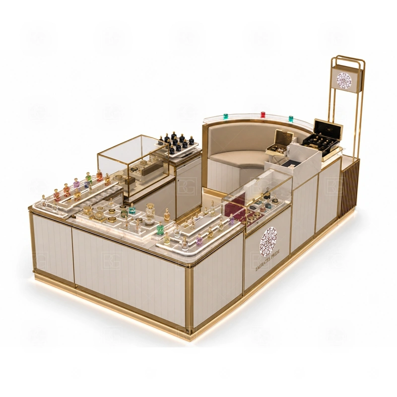 Glass Showcase Scent Bar Kiosk and Display Shelves layout showing shopping mall perfume kiosk layout with display counters, storage, and cashier planning shown in the glass showcase scent bar kiosk and display shelves product photos, with center-court traffic where customers may approach from more than one direction