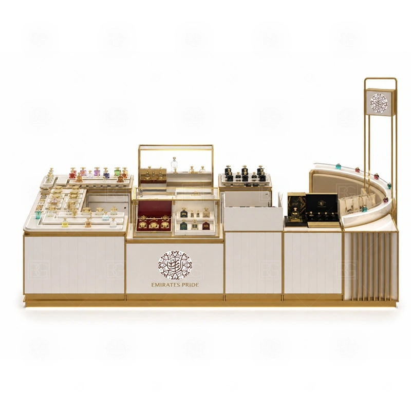 Glass Showcase Scent Bar Kiosk and Display Shelves storage detail for lockable drawers, bottle stock cabinets, tester storage, packaging space, and cable access planned for glass showcase scent bar kiosk and display shelves