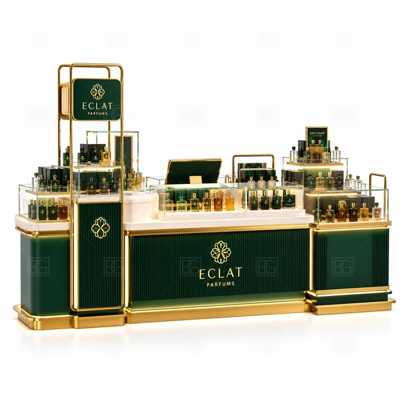Green Perfume Display Kiosk Custom Made with mall island layout shown in the green perfume display kiosk custom made product photos for fragrance and perfume retail