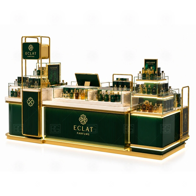 Green Perfume Display Kiosk Custom Made layout showing island perfume kiosk layout with browsing from several sides shown in the green perfume display kiosk custom made product photos, with compact lease areas where storage and customer flow must be planned carefully