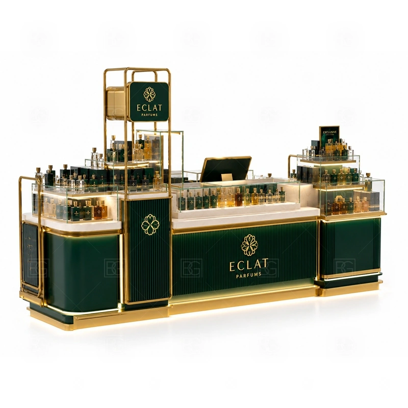 Green Perfume Display Kiosk Custom Made display detail for perfume bottle displays, glass counters, and small product shelving planned for perfume bottles, testers, gift sets, fragrance boxes, and small beauty products, arranged around the visible showcase rhythm of Green Perfume Display Kiosk Custom Made