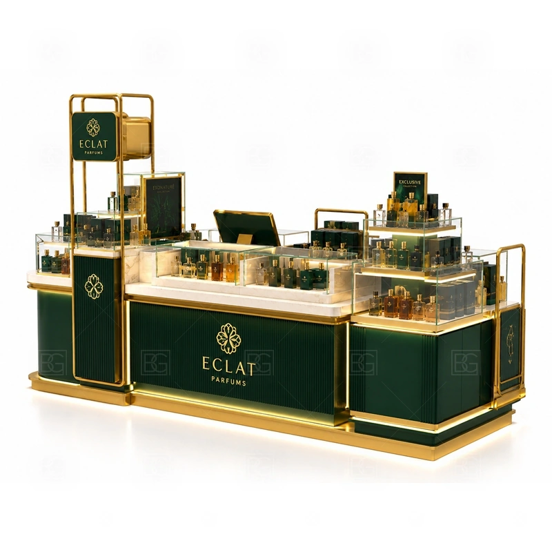 Green Perfume Display Kiosk Custom Made branding detail for custom logo signage and brand color presentation coordinated with fragrance brand color, logo panels, front graphics, and mall visibility needs, tuned to the logo position and visible brand surfaces of Green Perfume Display Kiosk Custom Made