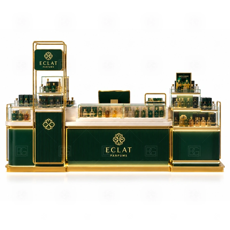 Green Perfume Display Kiosk Custom Made storage detail for lockable drawers, bottle stock cabinets, tester storage, packaging space, and cable access planned for green perfume display kiosk custom made