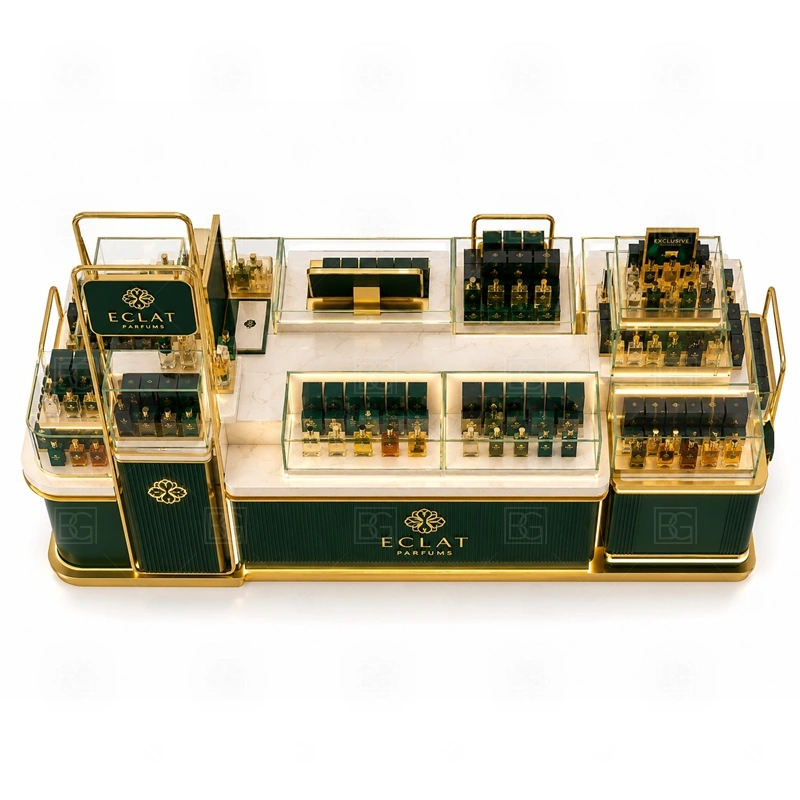 Green Perfume Display Kiosk Custom Made buyer planning detail for Green Perfume Display Kiosk Custom Made target size, bottle display quantity, tester counter size, logo sign dimensions, glass showcase size, lighting color, mall rules, destination country
