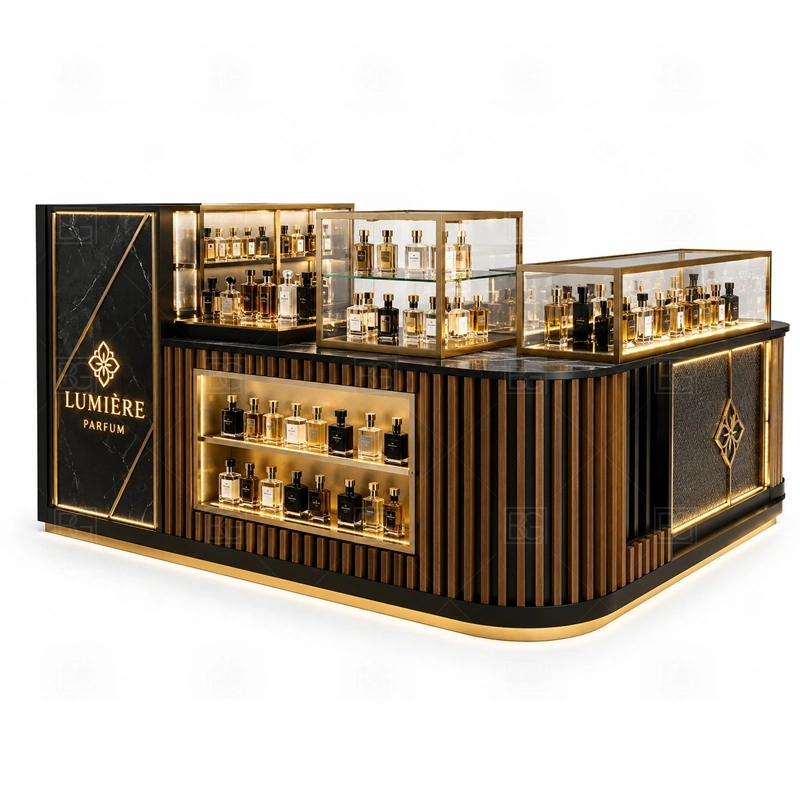 Green Perfume Kiosk for Retail Business with perfume bottle display and tester counter shown in the green perfume kiosk for retail business product photos for fragrance and perfume retail