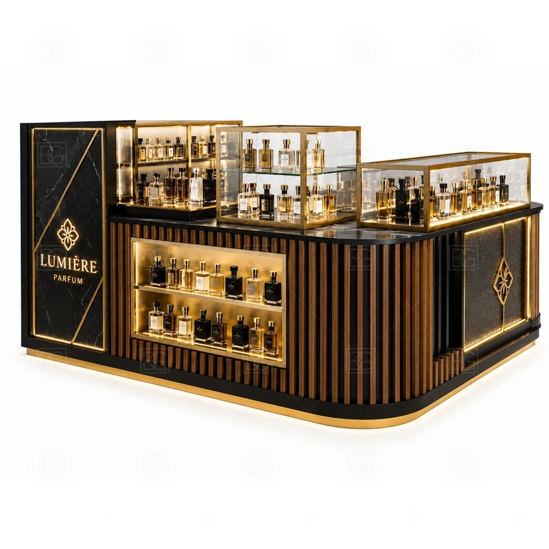 Green Perfume Kiosk for Retail Business layout showing shopping mall perfume kiosk layout with display counters, storage, and cashier planning shown in the green perfume kiosk for retail business product photos, with front-facing mall traffic with a clear customer approach and staff side behind the counter