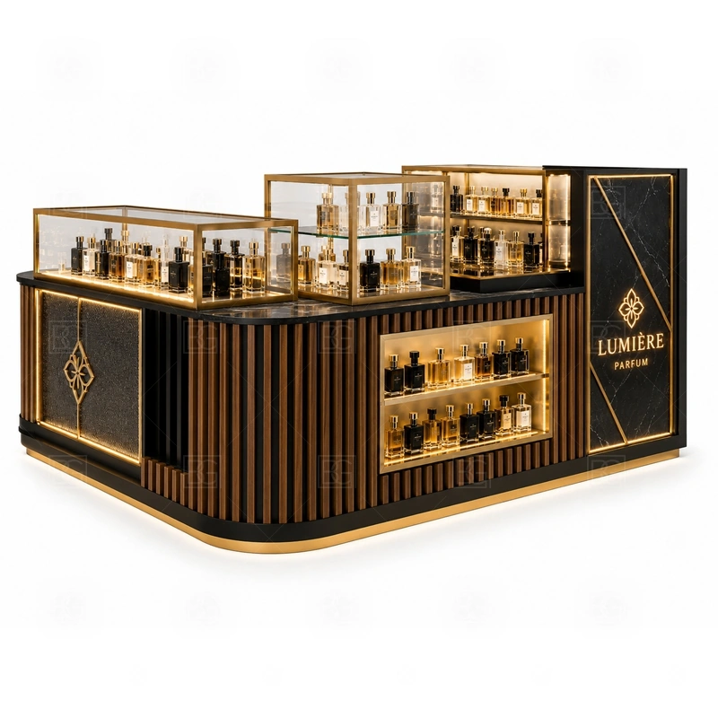 Green Perfume Kiosk for Retail Business display detail for tester counter, scent bar area, and bottle display shelves planned for perfume bottles, testers, gift sets, fragrance boxes, and small beauty products, arranged around the visible showcase rhythm of Green Perfume Kiosk for Retail Business