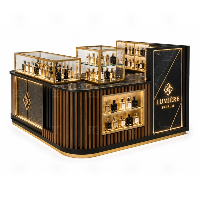 Green Perfume Kiosk for Retail Business branding detail for custom logo signage and brand color presentation coordinated with fragrance brand color, logo panels, front graphics, and mall visibility needs, tuned to the logo position and visible brand surfaces of Green Perfume Kiosk for Retail Business