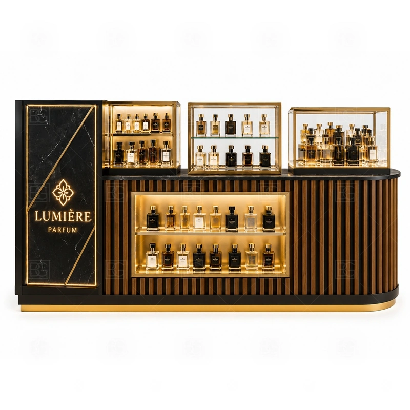 Green Perfume Kiosk for Retail Business storage detail for lockable drawers, bottle stock cabinets, tester storage, packaging space, and cable access planned for green perfume kiosk for retail business