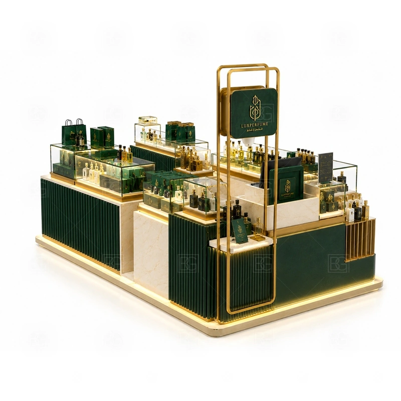 Island Mall Perfume Kiosk for Retail Business with perfume bottle display and tester counter shown in the island mall perfume kiosk for retail business product photos for fragrance and perfume retail