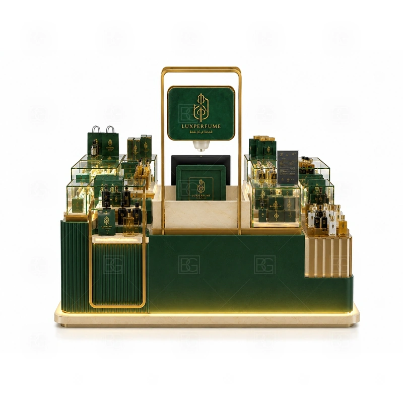 Island Mall Perfume Kiosk for Retail Business storage detail for lockable drawers, bottle stock cabinets, tester storage, packaging space, and cable access planned for island mall perfume kiosk for retail business