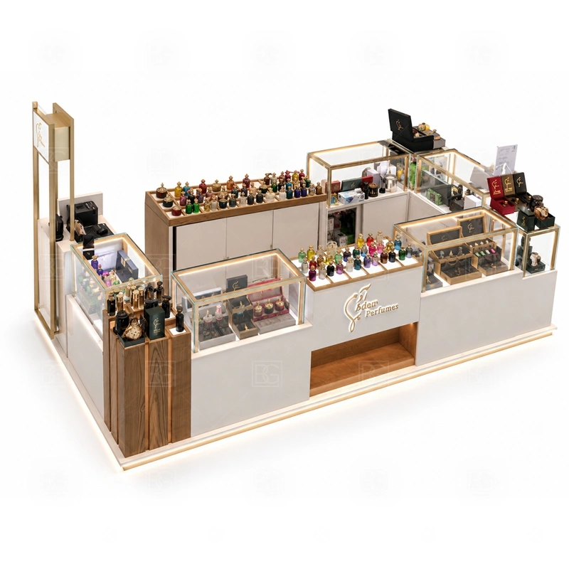 Island Retail Perfume Booth and Display Shelves with green brand color and display cabinets shown in the island retail perfume booth and display shelves product photos for fragrance and perfume retail