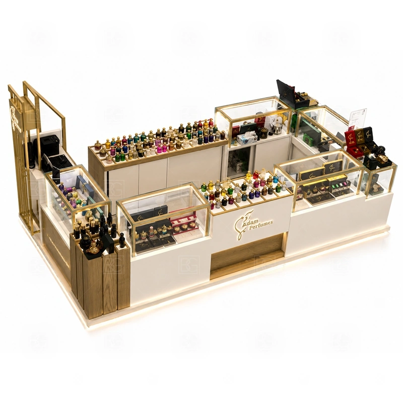 Island Retail Perfume Booth and Display Shelves layout showing island perfume kiosk layout with browsing from several sides shown in the island retail perfume booth and display shelves product photos, with center-court traffic where customers may approach from more than one direction