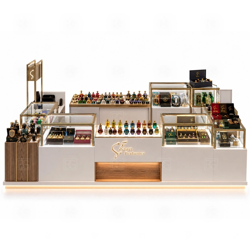 Island Retail Perfume Booth and Display Shelves storage detail for lockable drawers, bottle stock cabinets, tester storage, packaging space, and cable access planned for island retail perfume booth and display shelves