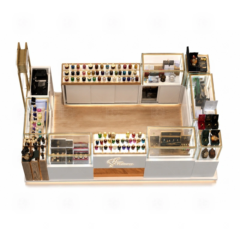 Island Retail Perfume Booth and Display Shelves buyer planning detail for Island Retail Perfume Booth and Display Shelves target size, bottle display quantity, tester counter size, logo sign dimensions, glass showcase size, lighting color, mall rules, destination country