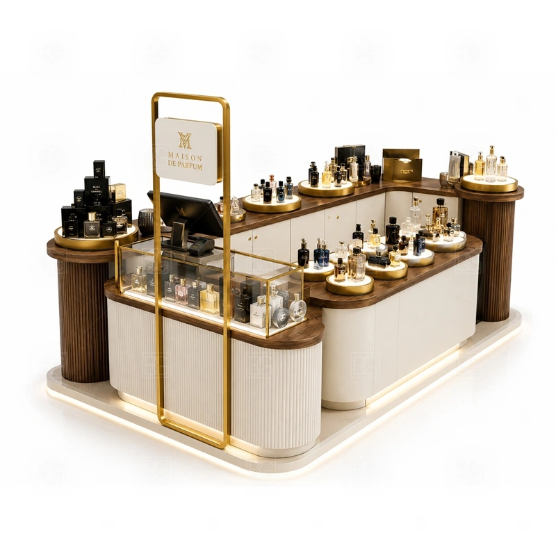 LED Lighted Fragrance Display Stand with Lockable Storage with multi-side customer browsing shown in the led lighted fragrance display stand with lockable storage product photos for fragrance and perfume retail