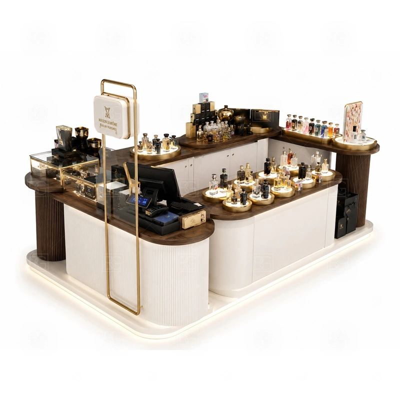 LED Lighted Fragrance Display Stand with Lockable Storage layout showing shopping mall perfume kiosk layout with display counters, storage, and cashier planning shown in the led lighted fragrance display stand with lockable storage product photos, with brand-led retail locations where signage and product visibility need to work together