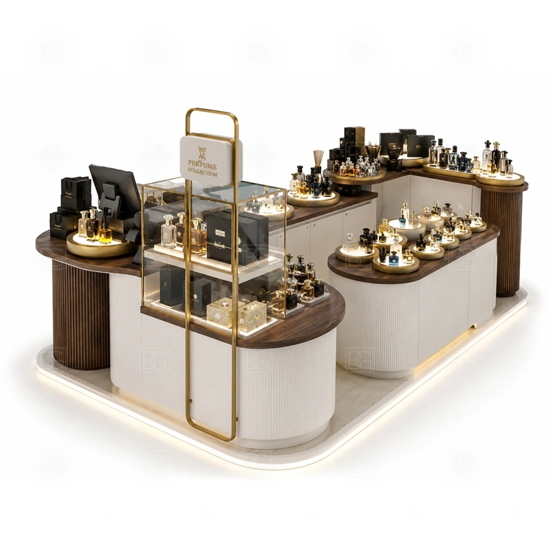 LED Lighted Fragrance Display Stand with Lockable Storage display detail for perfume bottle displays, glass counters, and small product shelving planned for perfume bottles, testers, gift sets, fragrance boxes, and small beauty products, arranged around the visible showcase rhythm of LED Lighted Fragrance Display Stand with Lockable Storage