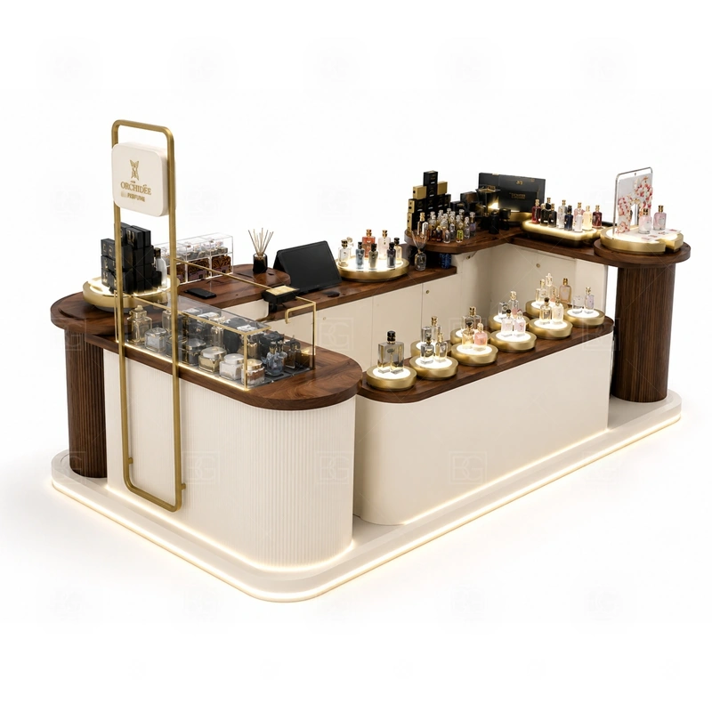 LED Lighted Fragrance Display Stand with Lockable Storage branding detail for LED signage, illuminated logo panels, and front brand graphics coordinated with fragrance brand color, logo panels, front graphics, and mall visibility needs, tuned to the logo position and visible brand surfaces of LED Lighted Fragrance Display Stand with Lockable Storage