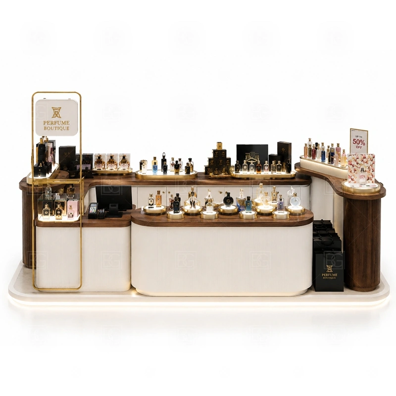 LED Lighted Fragrance Display Stand with Lockable Storage storage detail for lockable drawers, bottle stock cabinets, tester storage, packaging space, and cable access planned for led lighted fragrance display stand with lockable storage