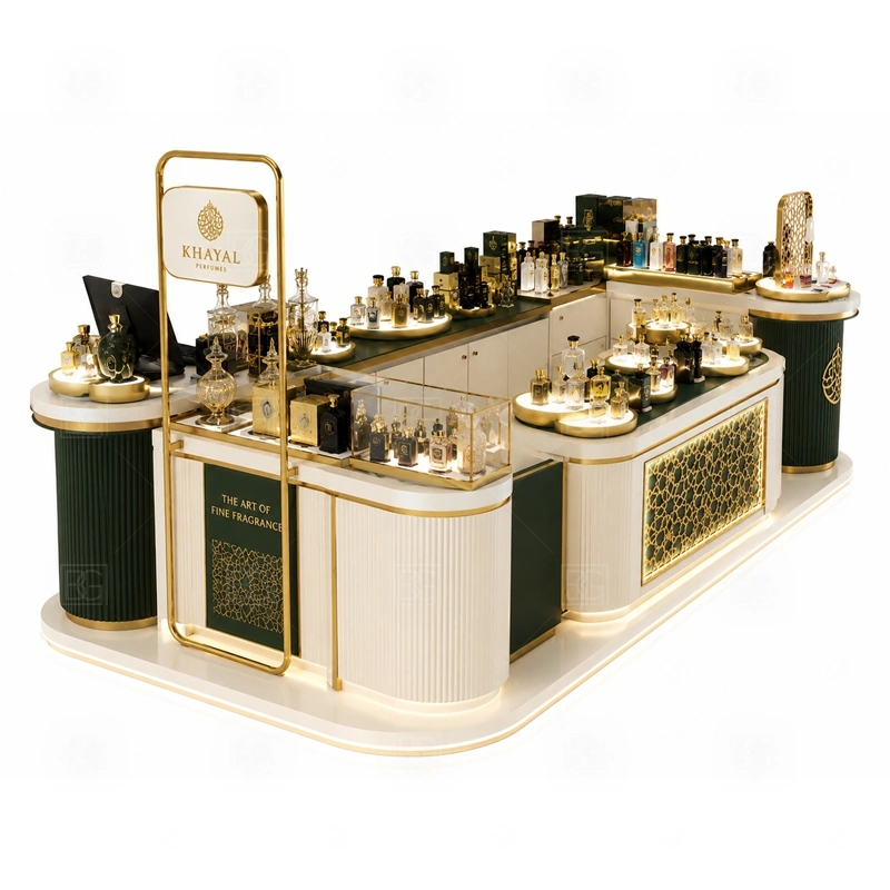 LED Lighted Perfume Display Kiosk for Shopping Mall display detail for perfume bottle displays, glass counters, and small product shelving planned for perfume bottles, testers, gift sets, fragrance boxes, and small beauty products, arranged around the visible showcase rhythm of LED Lighted Perfume Display Kiosk for Shopping Mall