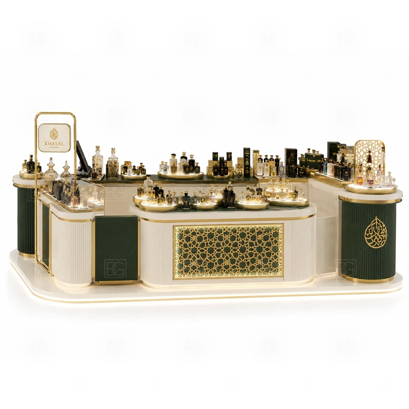 LED Lighted Perfume Display Kiosk for Shopping Mall storage detail for lockable drawers, bottle stock cabinets, tester storage, packaging space, and cable access planned for led lighted perfume display kiosk for shopping mall