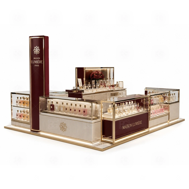 Lockable Showcase Fragrance Display Stand with Glass Showcase with white gold luxury counter style shown in the lockable showcase fragrance display stand with glass showcase product photos for fragrance and perfume retail