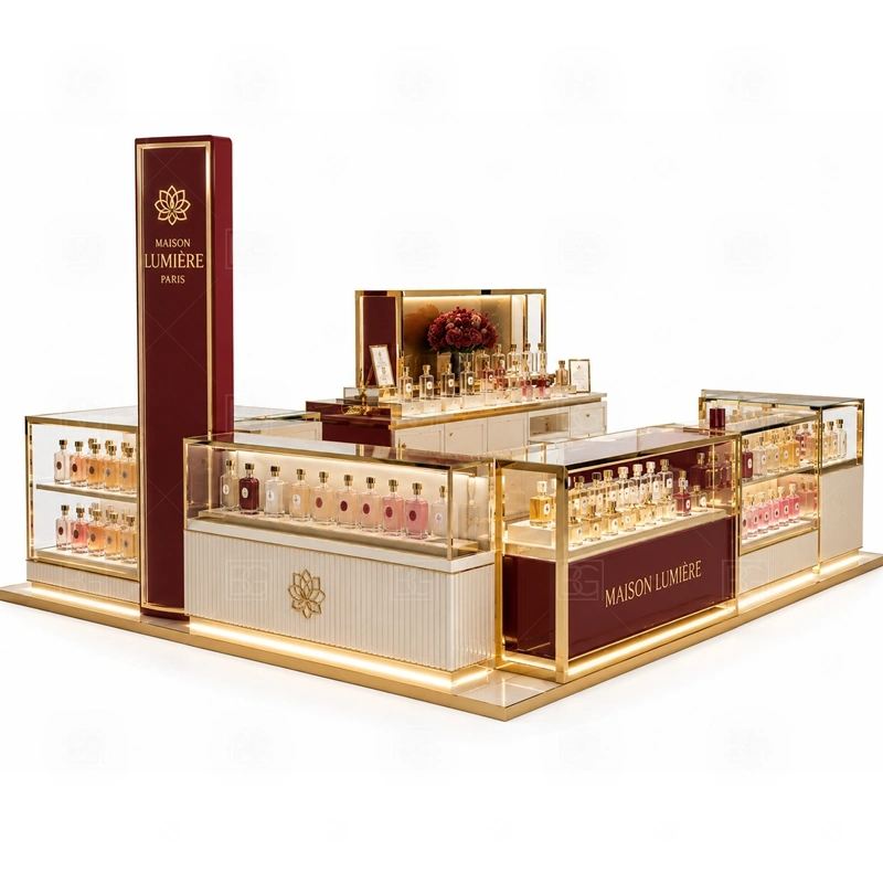 Lockable Showcase Fragrance Display Stand with Glass Showcase layout showing shopping mall perfume kiosk layout with display counters, storage, and cashier planning shown in the lockable showcase fragrance display stand with glass showcase product photos, with food court traffic where order, payment, and pickup need a clean sequence