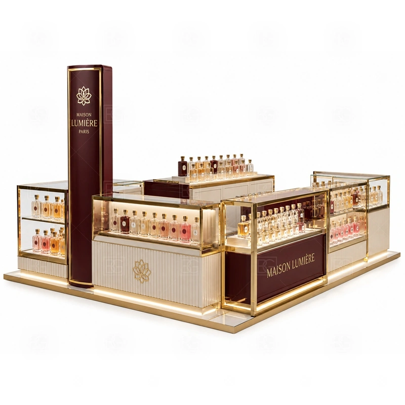 Lockable Showcase Fragrance Display Stand with Glass Showcase display detail for tempered glass showcases and visible perfume bottle display zones planned for perfume bottles, testers, gift sets, fragrance boxes, and small beauty products, arranged around the visible showcase rhythm of Lockable Showcase Fragrance Display Stand with Glass Showcase