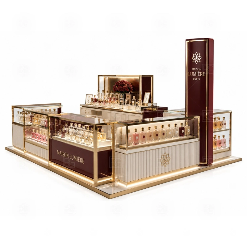 Lockable Showcase Fragrance Display Stand with Glass Showcase branding detail for tall logo tower and warm LED brand lighting coordinated with fragrance brand color, logo panels, front graphics, and mall visibility needs, tuned to the logo position and visible brand surfaces of Lockable Showcase Fragrance Display Stand with Glass Showcase