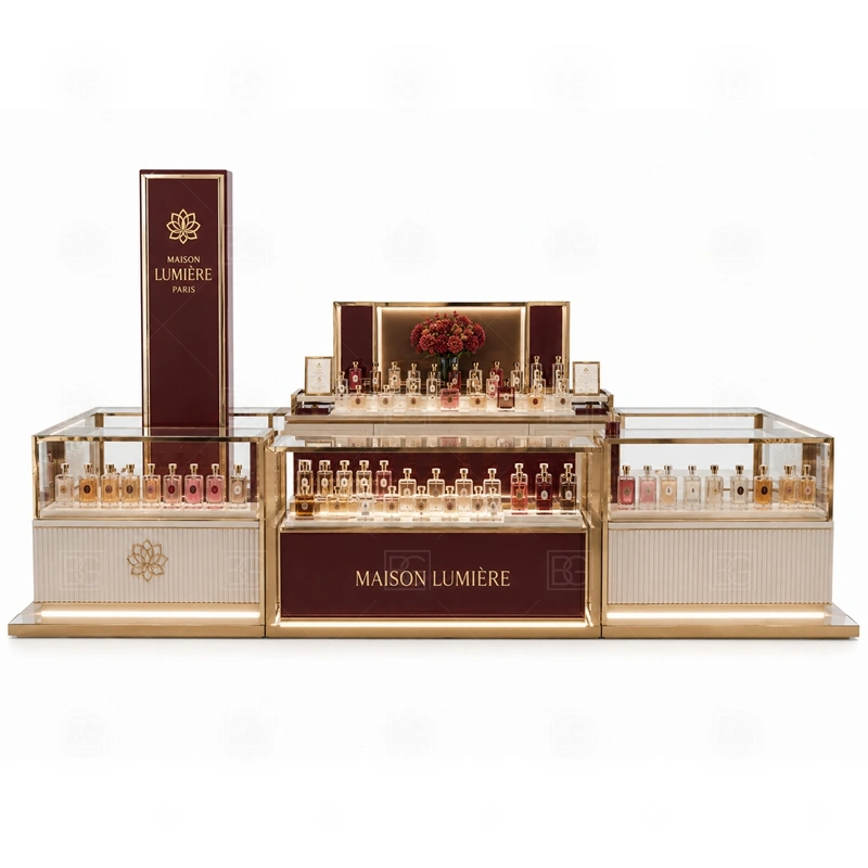 Lockable Showcase Fragrance Display Stand with Glass Showcase storage detail for lockable drawers, bottle stock cabinets, tester storage, packaging space, and cable access planned for lockable showcase fragrance display stand with glass showcase