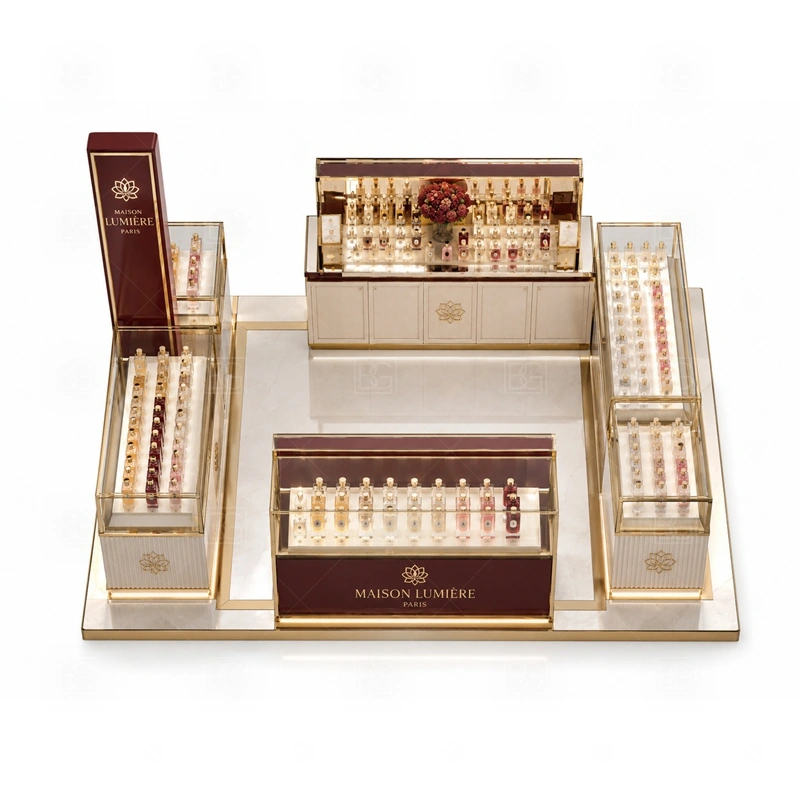 Lockable Showcase Fragrance Display Stand with Glass Showcase buyer planning detail for Lockable Showcase Fragrance Display Stand with Glass Showcase target size, bottle display quantity, tester counter size, logo sign dimensions, glass showcase size, lighting color, mall rules, destination country