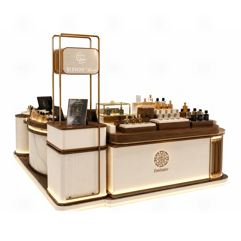 Lockable Showcase Fragrance Kiosk and Display Shelves with green brand color and display cabinets shown in the lockable showcase fragrance kiosk and display shelves product photos for fragrance and perfume retail