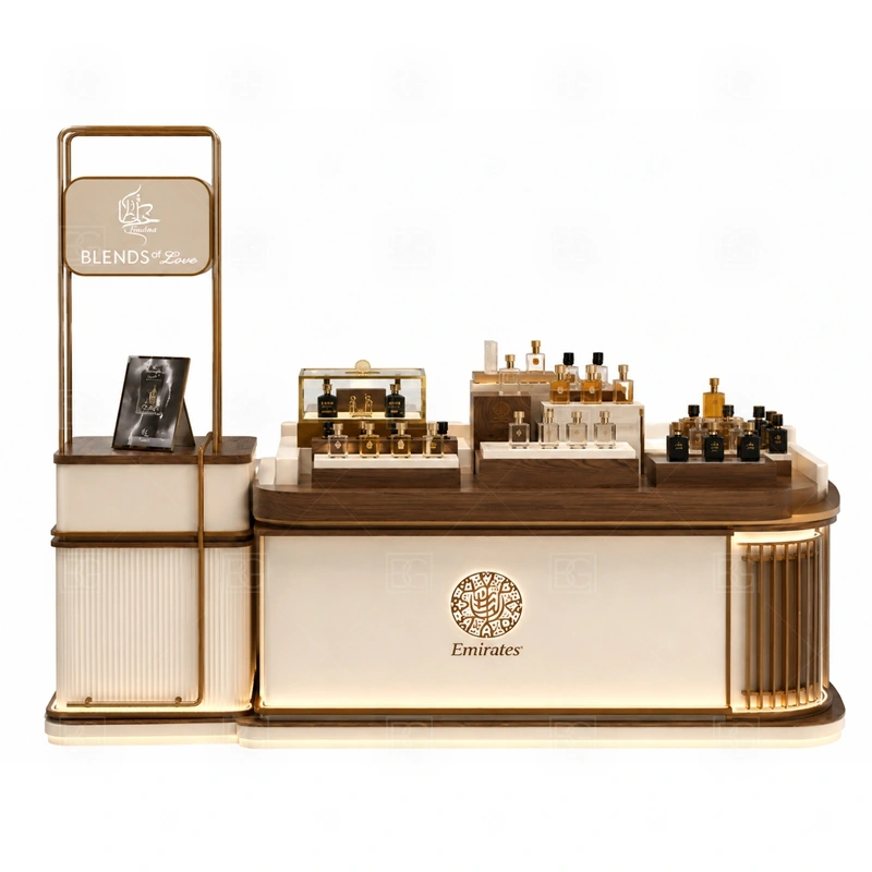 Lockable Showcase Fragrance Kiosk and Display Shelves storage detail for lockable drawers, bottle stock cabinets, tester storage, packaging space, and cable access planned for lockable showcase fragrance kiosk and display shelves