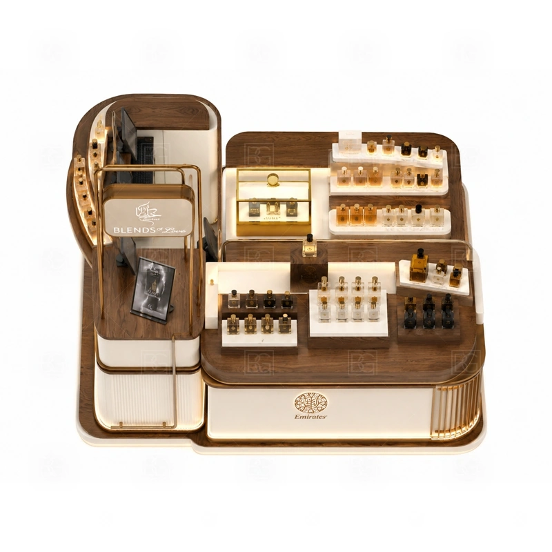 Lockable Showcase Fragrance Kiosk and Display Shelves buyer planning detail for Lockable Showcase Fragrance Kiosk and Display Shelves target size, bottle display quantity, tester counter size, logo sign dimensions, glass showcase size, lighting color, mall rules, destination country