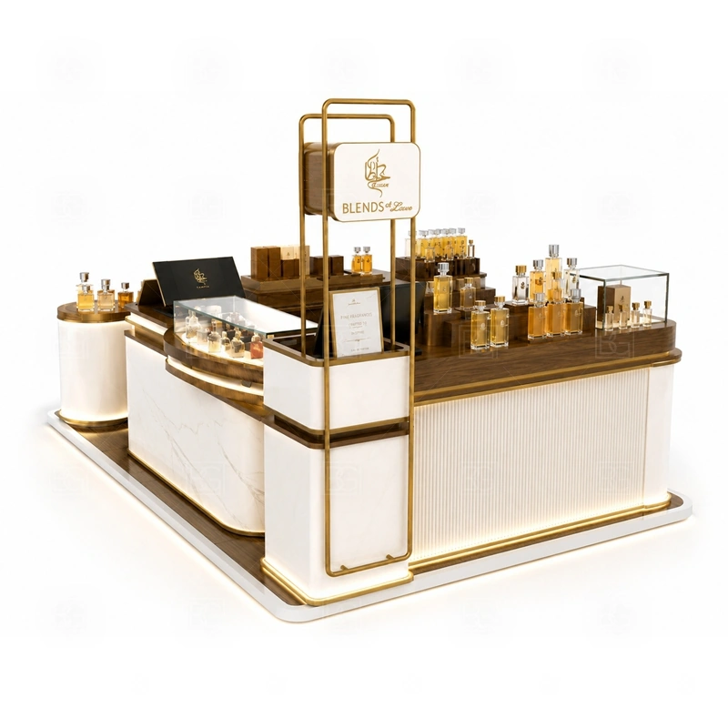 White background luxury perfume kiosk with glass fragrance display counters