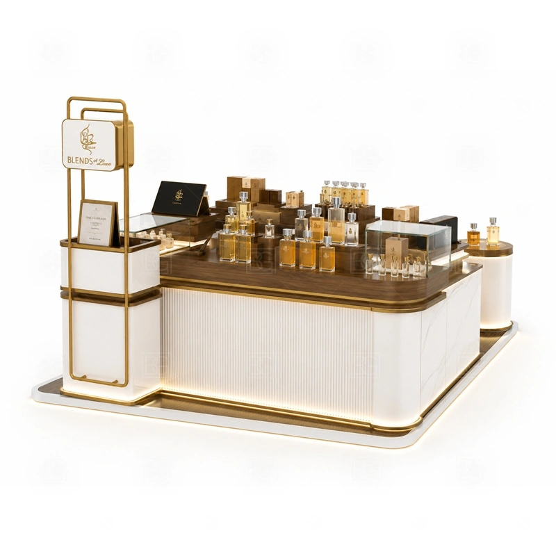 Luxury Perfume Display Kiosk Design layout showing shopping mall perfume kiosk layout with display counters, storage, and cashier planning shown in the luxury perfume display kiosk design product photos, with compact lease areas where storage and customer flow must be planned carefully