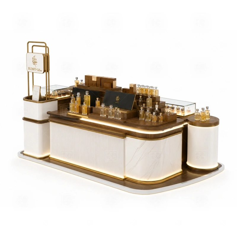 Luxury Perfume Display Kiosk Design display detail for tempered glass showcases and visible perfume bottle display zones planned for perfume bottles, testers, gift sets, fragrance boxes, and small beauty products, arranged around the visible showcase rhythm of Luxury Perfume Display Kiosk Design