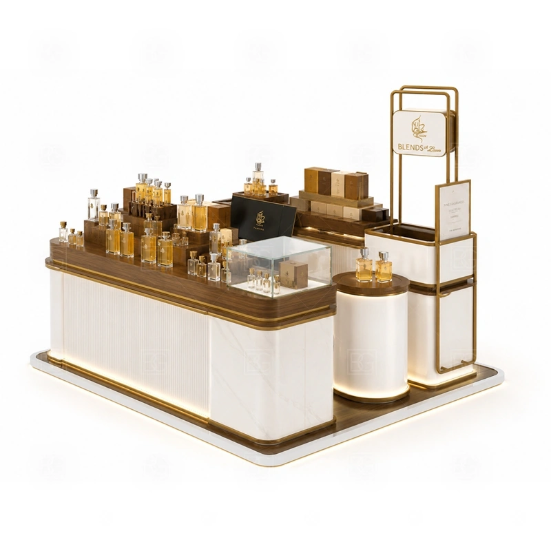 Luxury Perfume Display Kiosk Design branding detail for custom logo signage and brand color presentation coordinated with fragrance brand color, logo panels, front graphics, and mall visibility needs, tuned to the logo position and visible brand surfaces of Luxury Perfume Display Kiosk Design