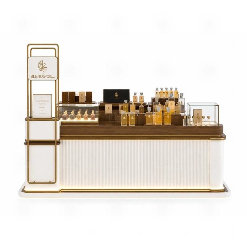 Luxury Perfume Display Kiosk Design storage detail for lockable drawers, bottle stock cabinets, tester storage, packaging space, and cable access planned for luxury perfume display kiosk design