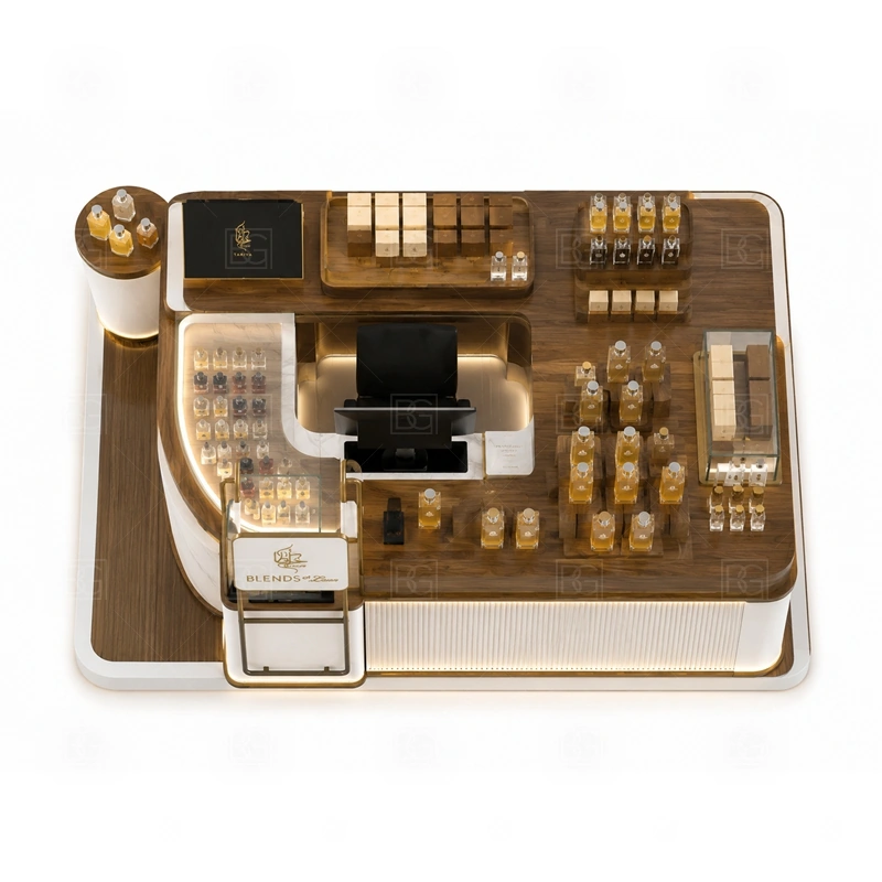 Luxury Perfume Display Kiosk Design buyer planning detail for Luxury Perfume Display Kiosk Design target size, bottle display quantity, tester counter size, logo sign dimensions, glass showcase size, lighting color, mall rules, destination country